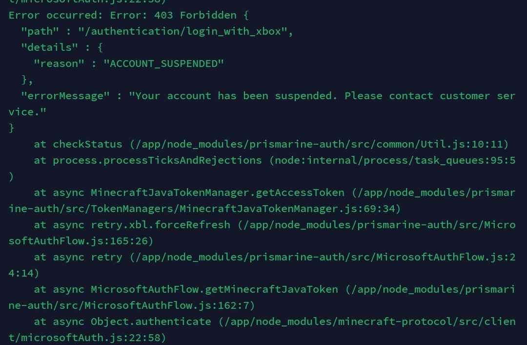 A screenshot showing a detailed crash log with the error message 'Your account has been suspended, Please contact customer service'