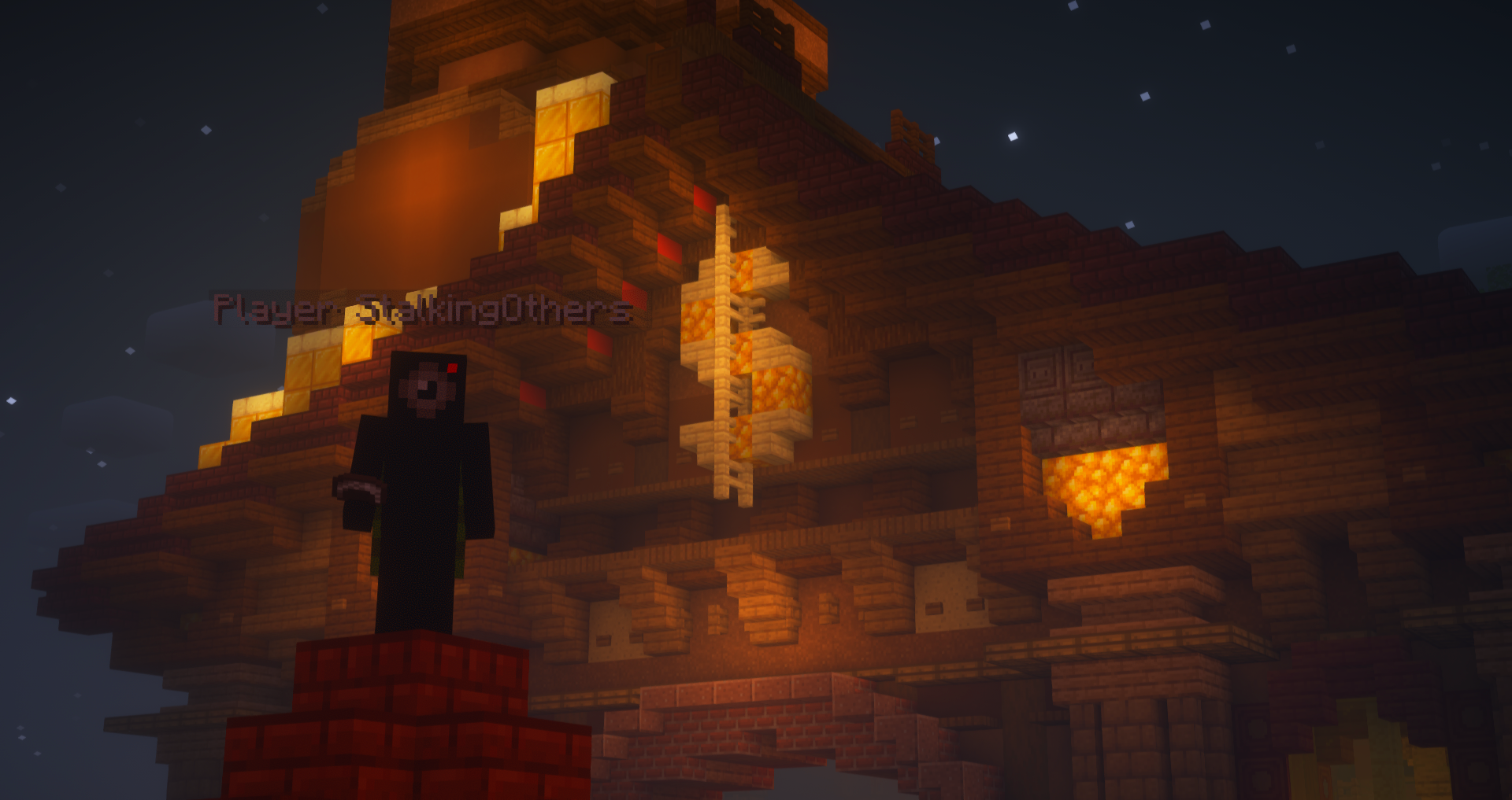 Minecraft account StalkingOthers standing on a Minecraft server spawn at night